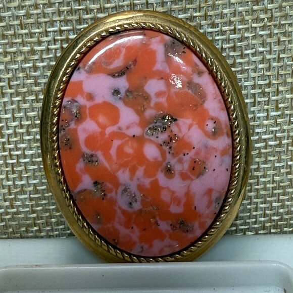 Vintage Sarah Coventry Oval Gold-Tone Brooch & Pendant With Coral Pink Marbled - Picture 8 of 10